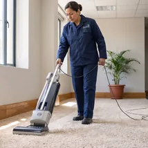 Technician steam cleaning an office carpet and upholstery