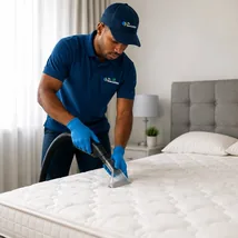 Technician deep cleaning a mattress in a bedroom