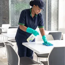 Cleaner wiping down and polishing office surfaces