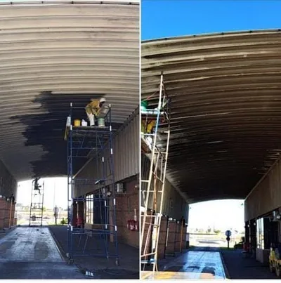 Petrol station canopy cleaned, before and after