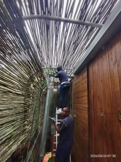 Exterior reed-and-thatch surfaces carefully cleaned